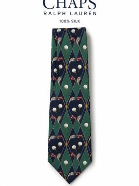 Vintage CHAPS Ralph Lauren Green and Navy Golf Club Motif Silk Neck Tie